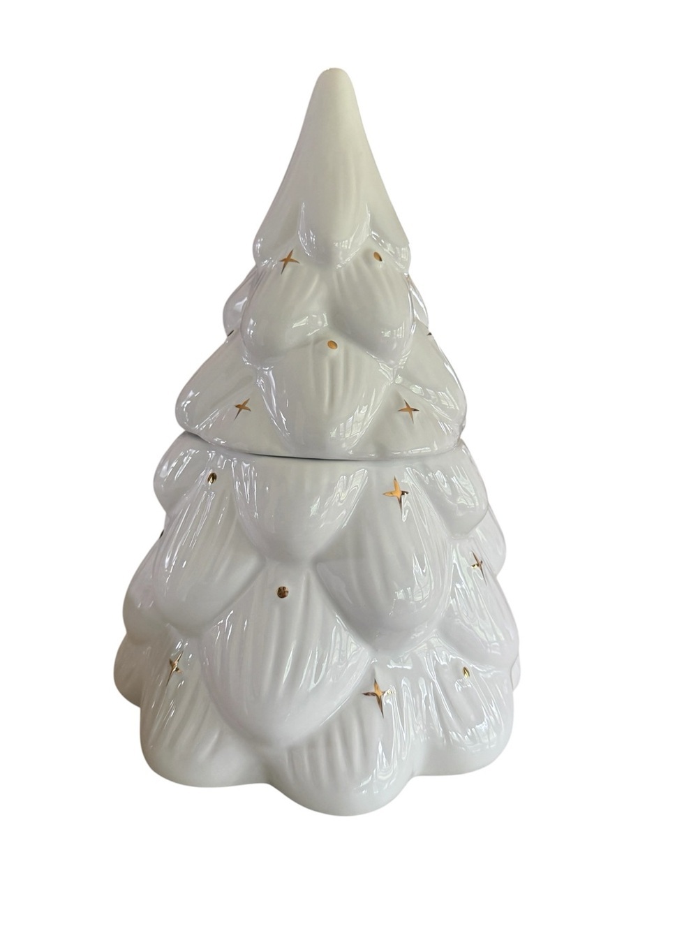 Harry & David White Ceramic Christmas Tree Cookie Jar Gold Stars Holiday Decor